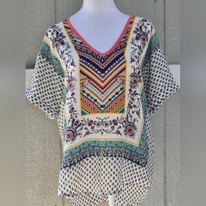 LIVING DOLL  Boho Floral Blouse Women's Short Sleeve Blouse Top Size S